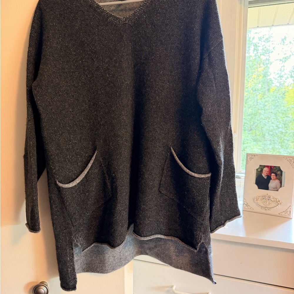 Eileen Fisher Black V-Neck Longline Sweater with Contrast Trim